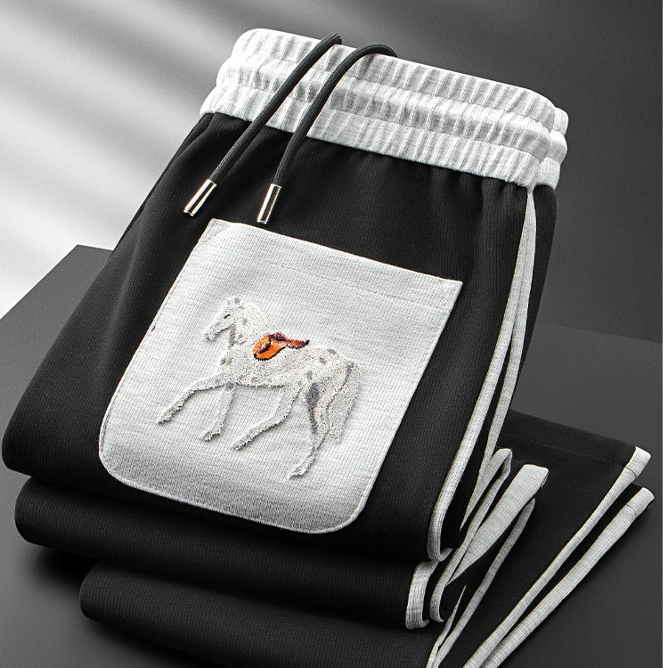 NOIENKAIRU尼因基鲁夏季薄款口袋战马刺绣休闲针织裤垂感运动卫裤