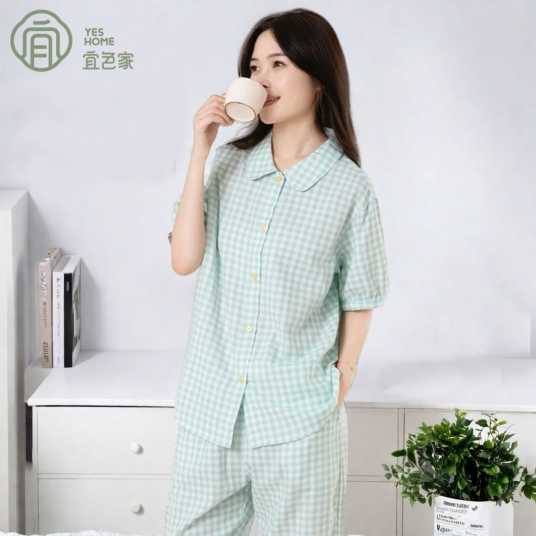 宜色家情侣睡衣女夏天休闲爆款2025新款纯棉显白短袖家居服两件套