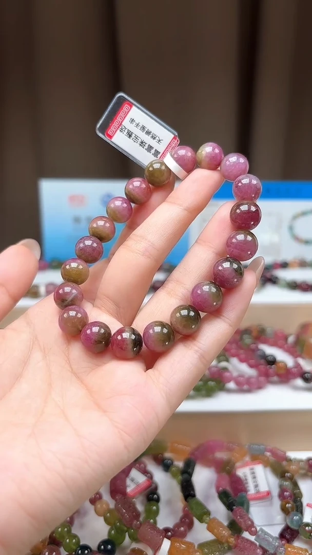 未镶嵌手串碧玺10.5mm巴西老料浓郁正西瓜荧光体碧玺单圈手串