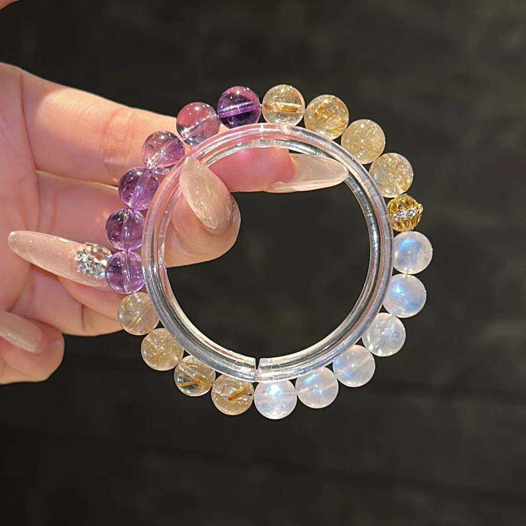 【金运】天然8mm金发晶紫水晶蓝月光石手串（多样性发一）