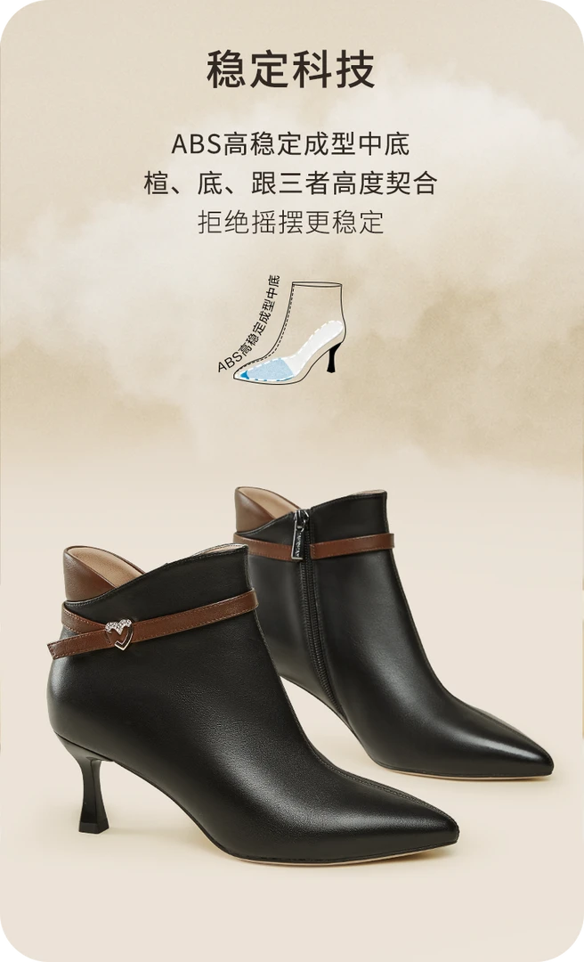 Kangnai/康奈专柜正品11138027时尚尖头靴时尚百搭中跟真皮短靴