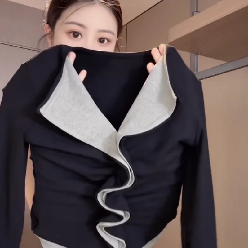 高级感撞色翻领褶皱假两件T恤女秋冬新款长袖小众设计感别致上衣