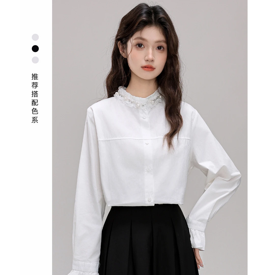 H3140珍珠点缀领口袖口荷叶边设计温柔气质少女穿搭优雅白色衬衫
