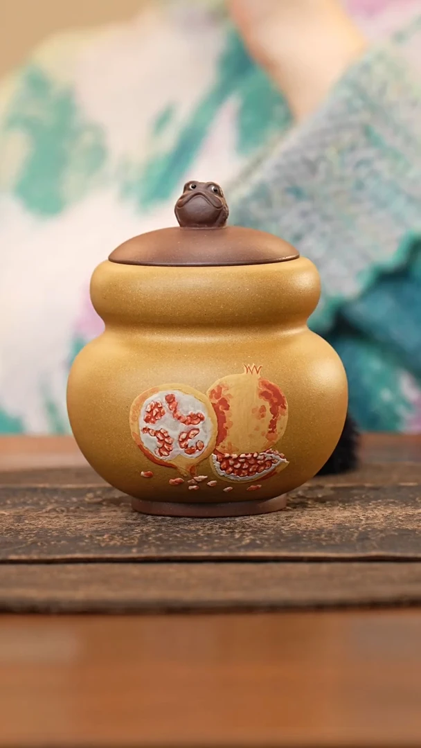 紫砂茶叶罐祁葵黄段泥绘牡丹明炉杯