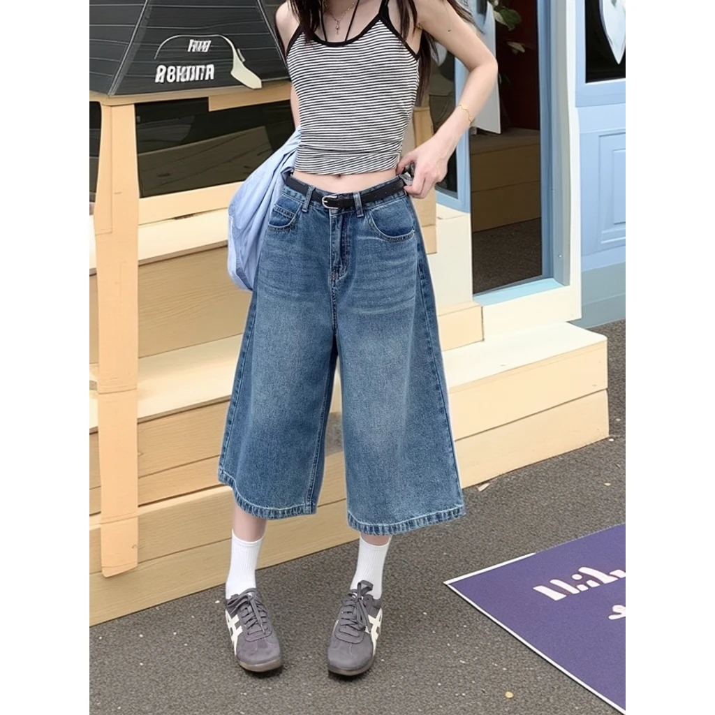 美式阔腿七分牛仔裤女2025年夏季新款7分裤显瘦直筒八分爆款裤子