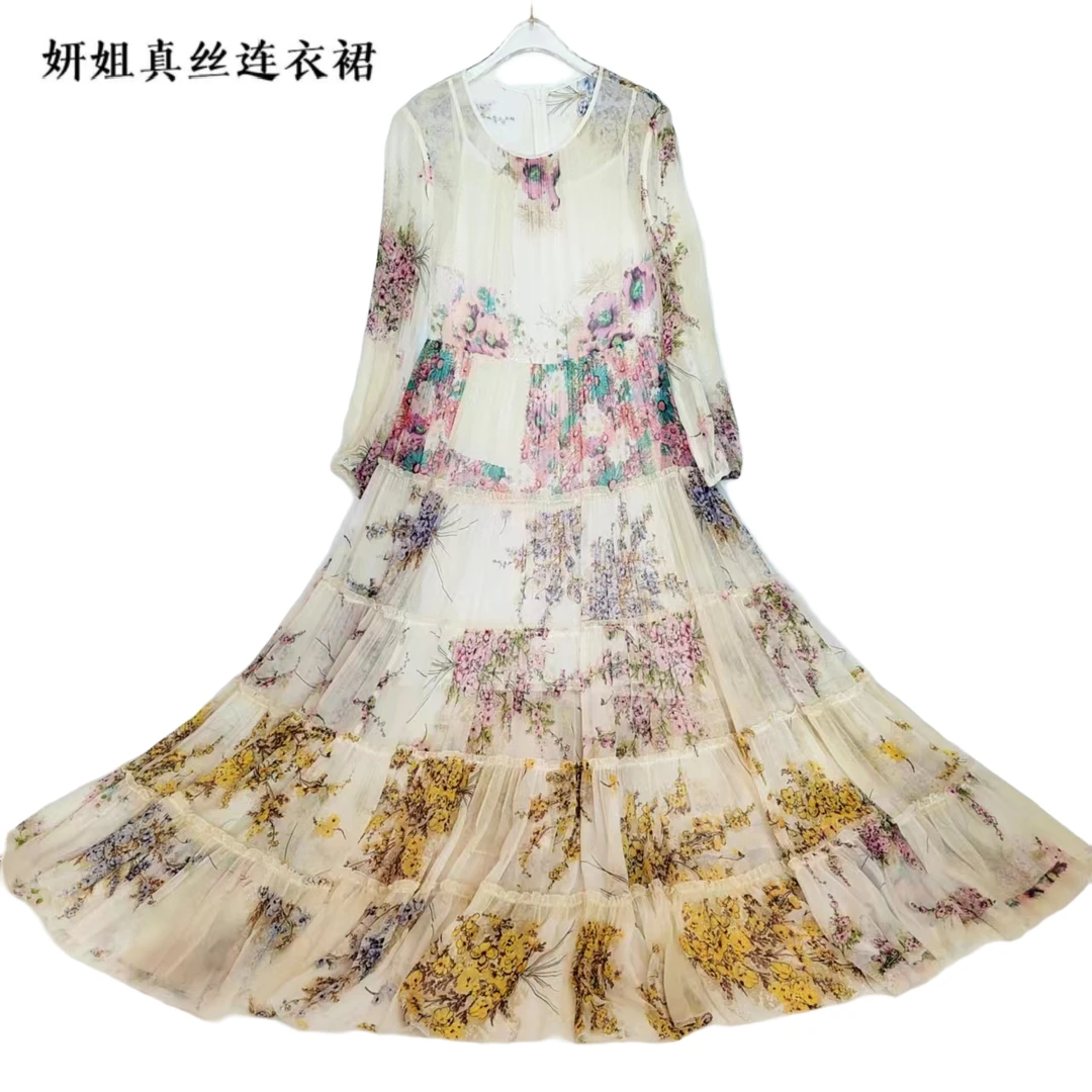 妍姐真丝碎花连衣裙2025年夏新款气质女士复古夏季长裙白色206831