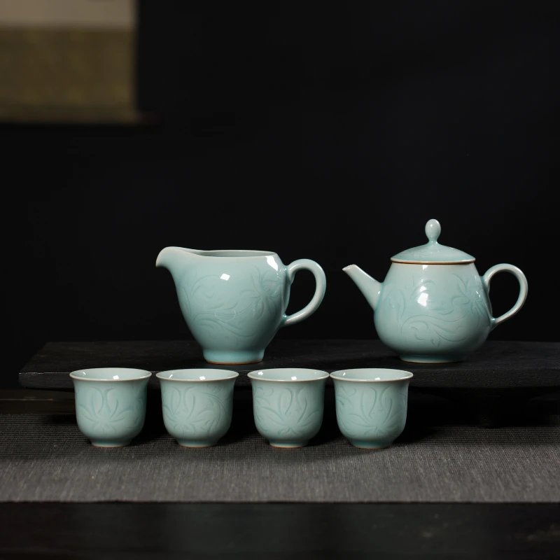 龙泉青瓷荷韵龙泉刻花茶具六件套陶瓷高档套装中式名窑茶器礼盒装