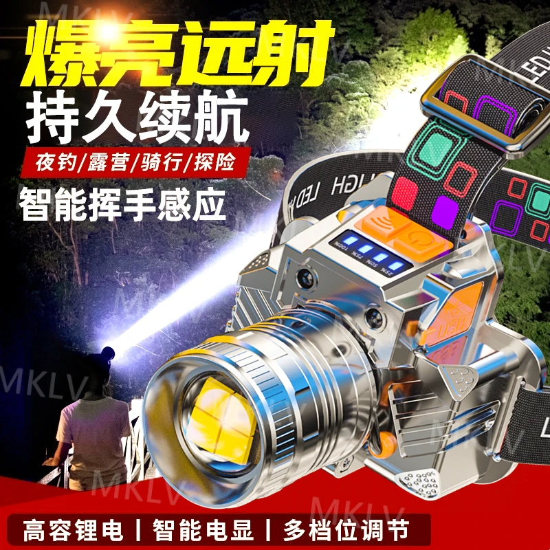 【双锂电】 超长续航旋转变焦感应强光头灯户外登山夜钓头戴灯超亮