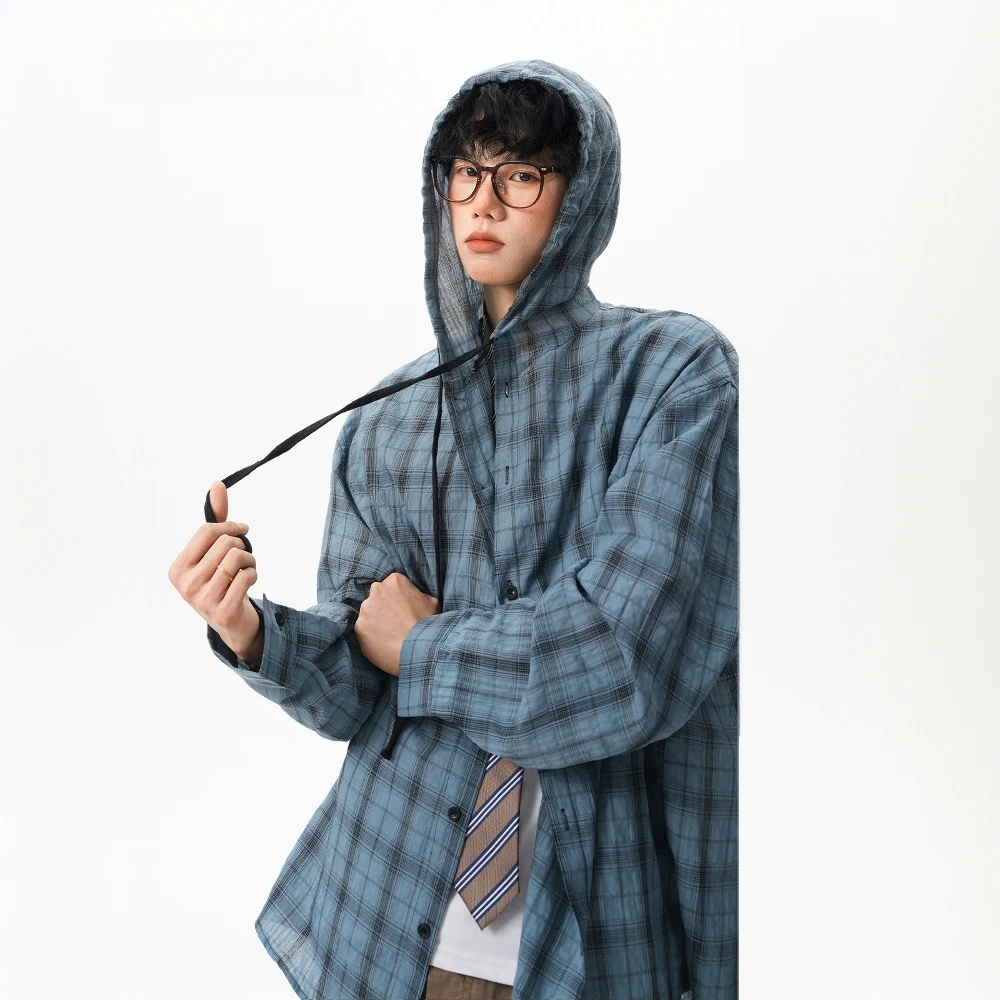 夏季慵懒风防晒连帽长袖衬衫男女款格子衬衣美式旅游出行薄款外套