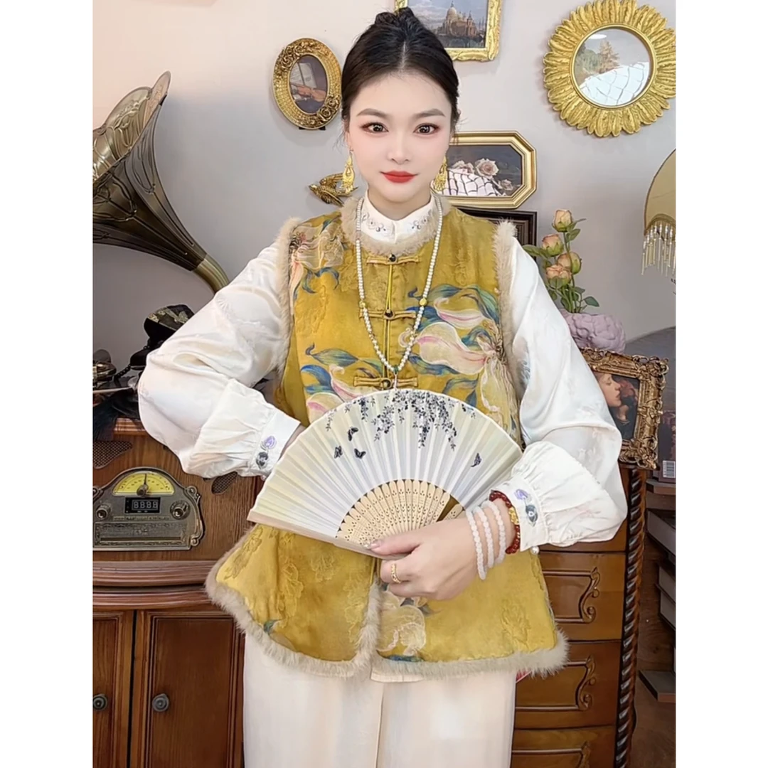 【771】新中式国风立领盘扣毛边马甲秋冬盘扣加绒加厚高级感穿搭