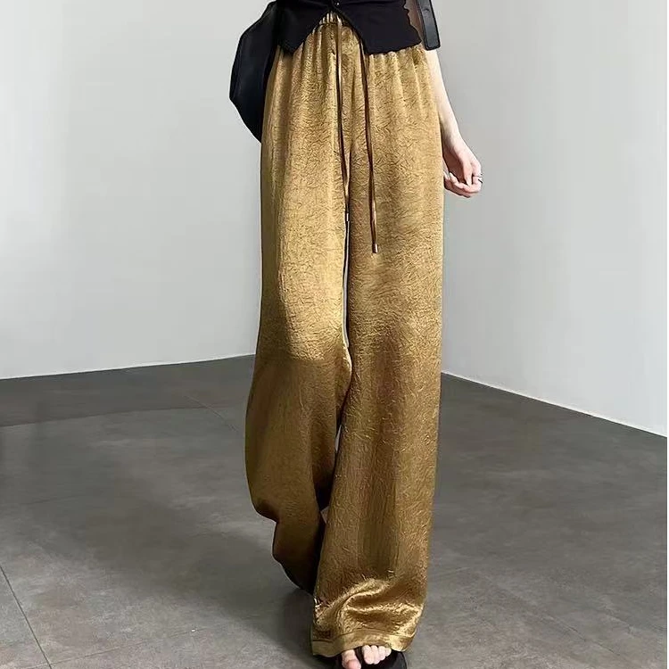 100%醋酸垂感薄款休闲裤阔腿裤醋酸缎面裤子高腰凉凉提花阔腿裤