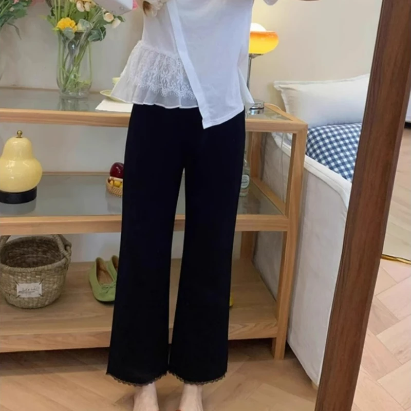 JJ071大码2025新款黑色蕾丝边休闲裤夏季胖mm高腰显瘦弹力直筒裤