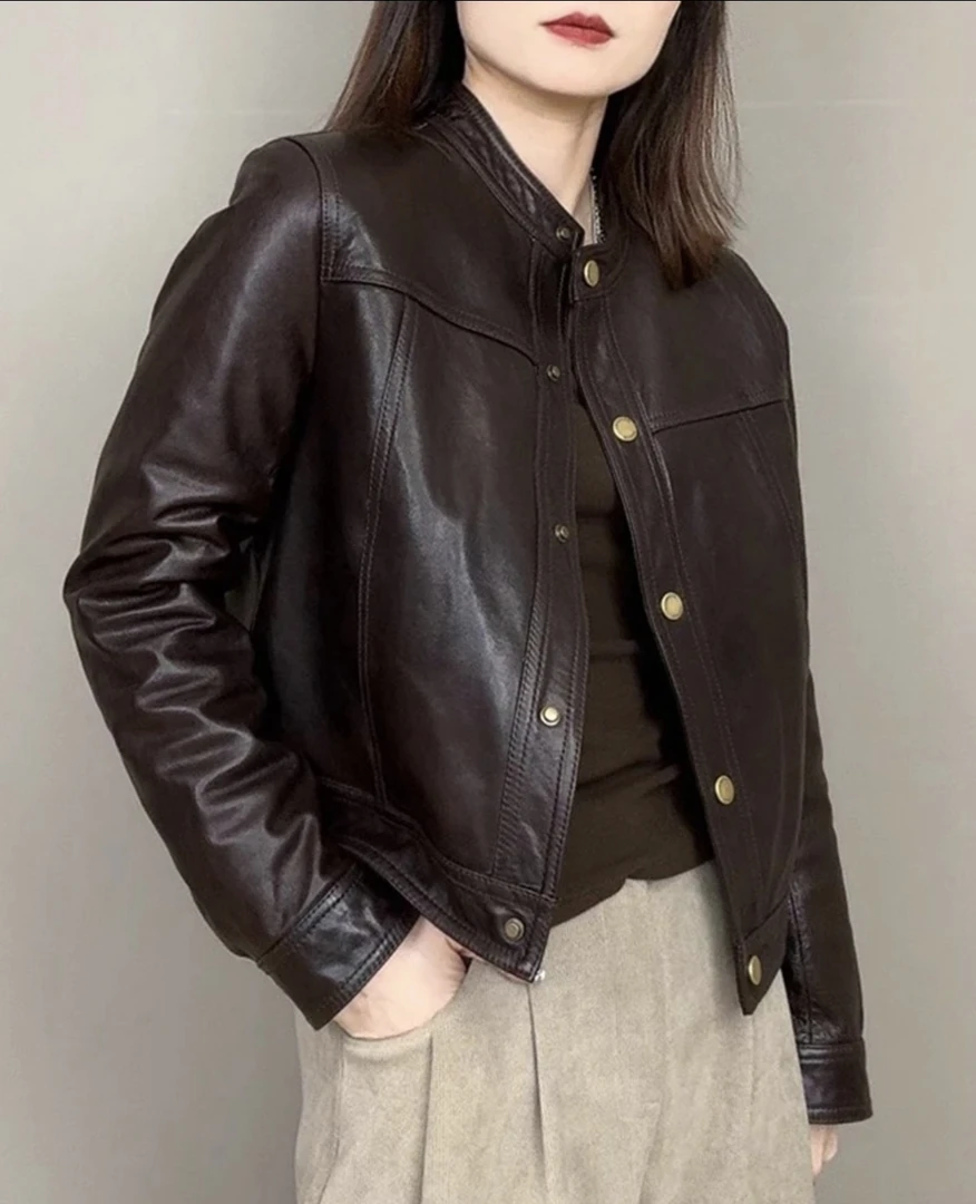 2025新款绵羊皮个性立领百搭女式皮衣春秋休闲外套女夹克