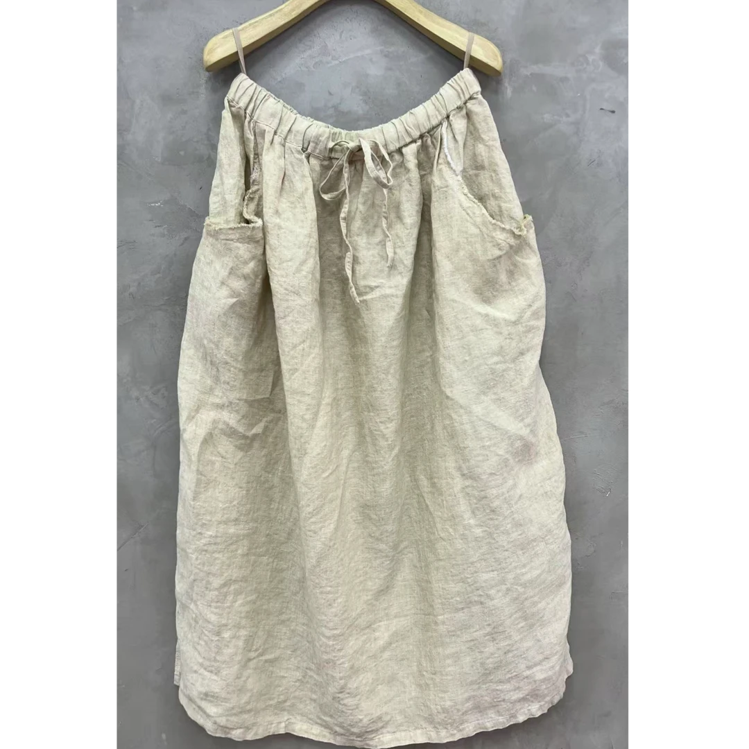 西子分享 7147 古蘭木 亚麻 纯色 夏季 松紧腰【半裙】