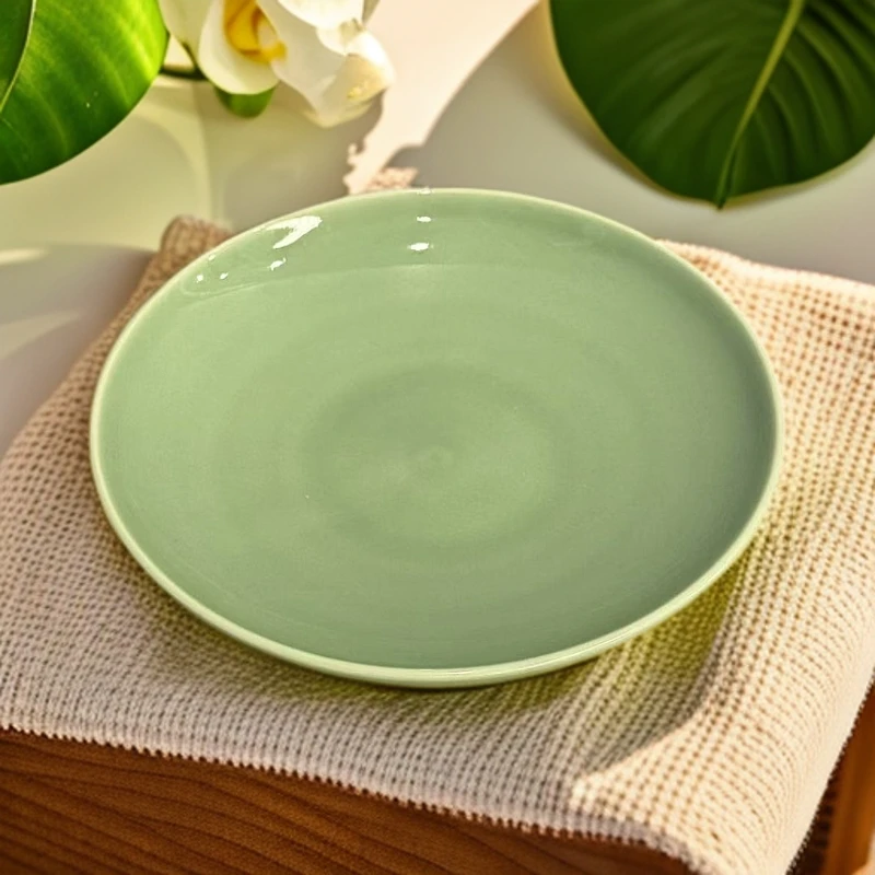 【觀文自营】耀州窑青瓷8英寸21cm素面盘餐盘菜盘复古绿色陶瓷