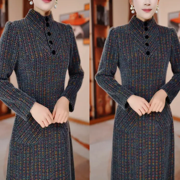 灰色条纹冬季加厚修身显瘦遮肉连衣群气质高雅大气时尚