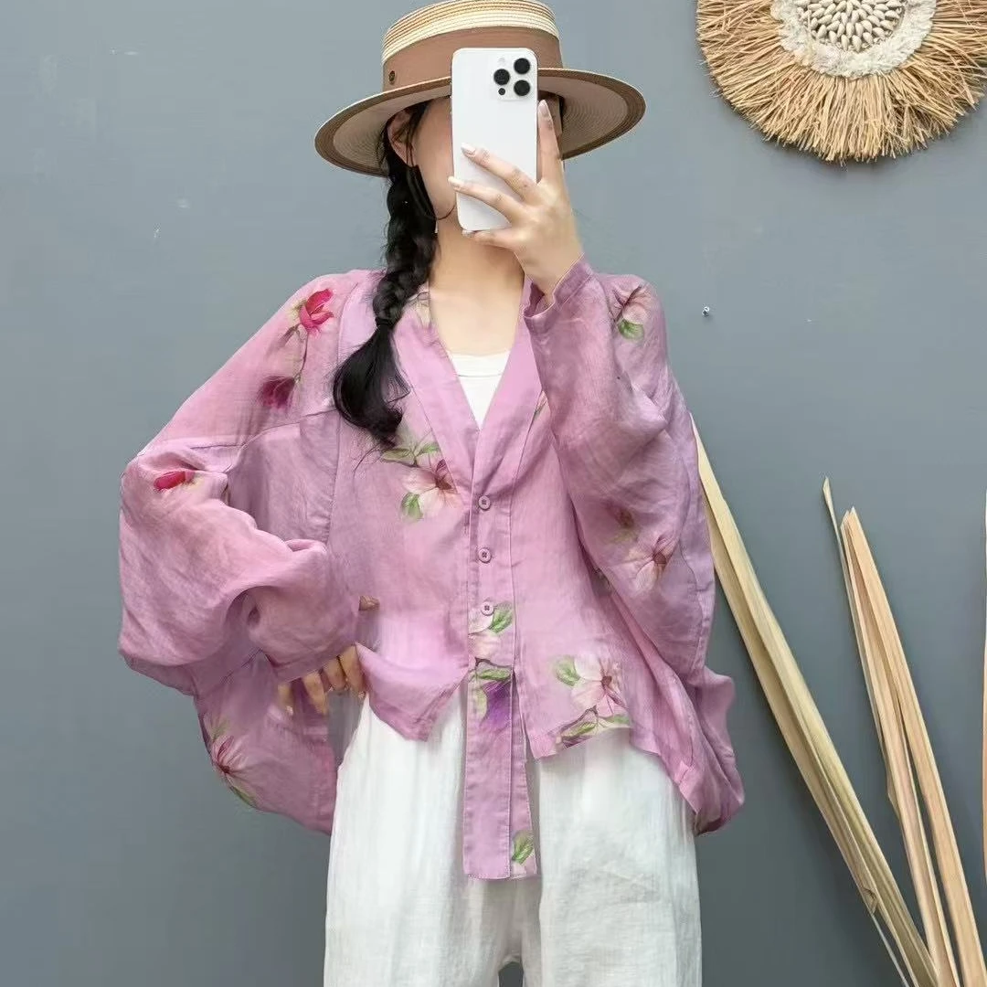 苎麻100%新中式防晒长袖印花衬衫短款复古百搭薄款国风女装82515