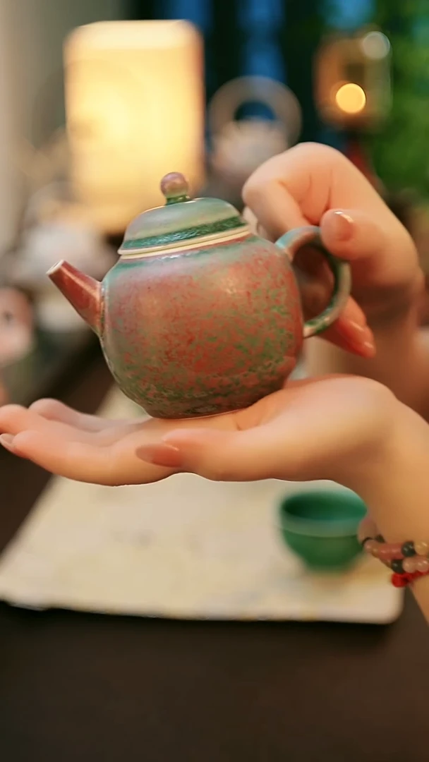 陶瓷茶具楚门窑变松石绿宫灯壶