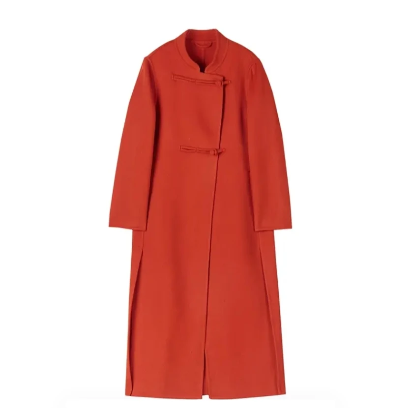 原形2025秋季新款双面呢大衣中国红气质90279