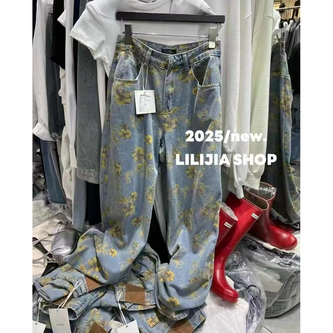 悠悠 春新款美式复古花朵印花直筒牛仔裤阔腿裤宽松拖地裤