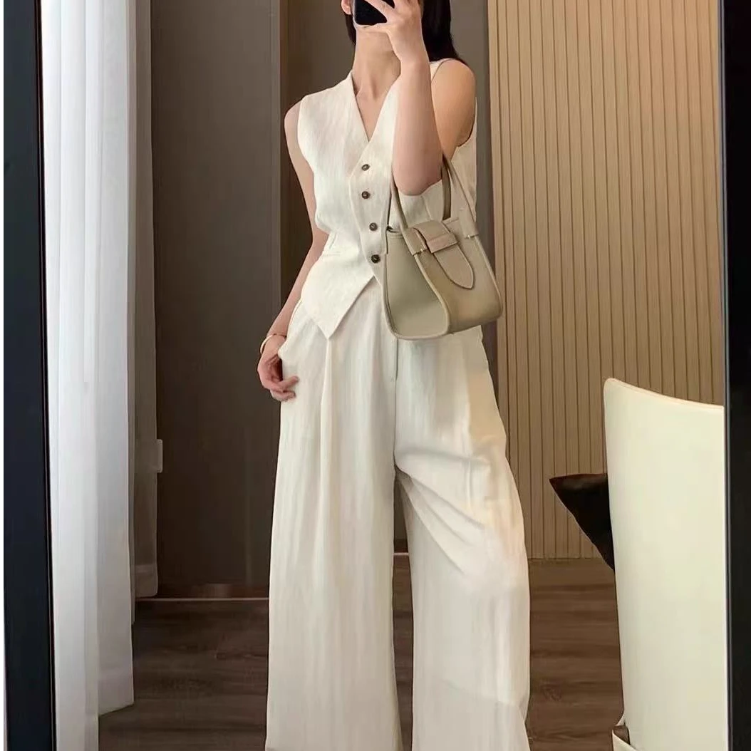 高级感老钱风亚麻套装女夏季2025新款薄款气质马甲阔腿裤两件套