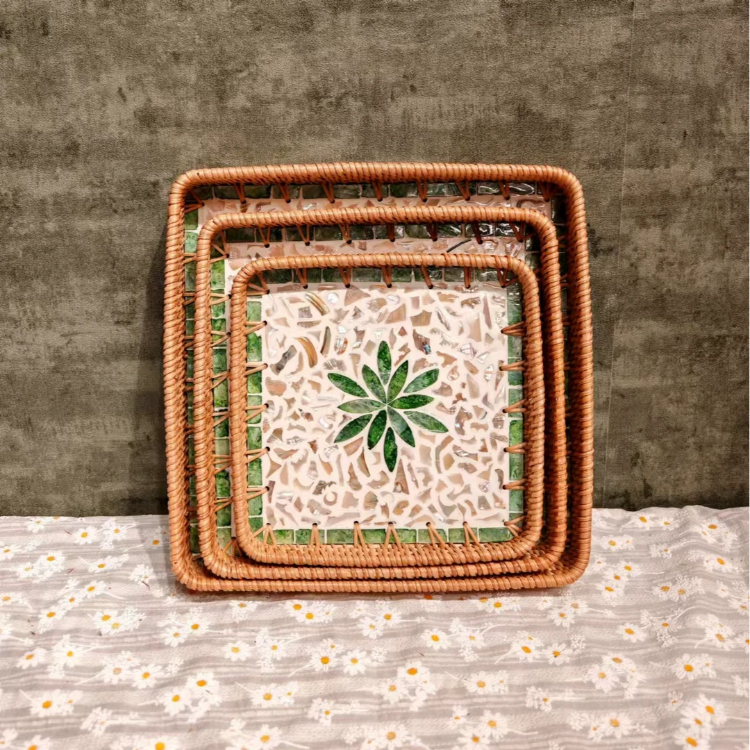 H真藤29*29*4绿芯繁星正方形贝壳盘桌面装饰茶几收纳水果零食托盘