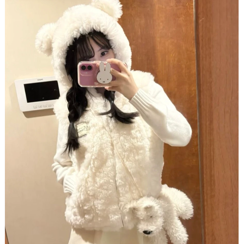 韩系白色连帽羊羔毛马甲女秋冬季保暖毛绒绒无袖外套穿搭宽松上衣