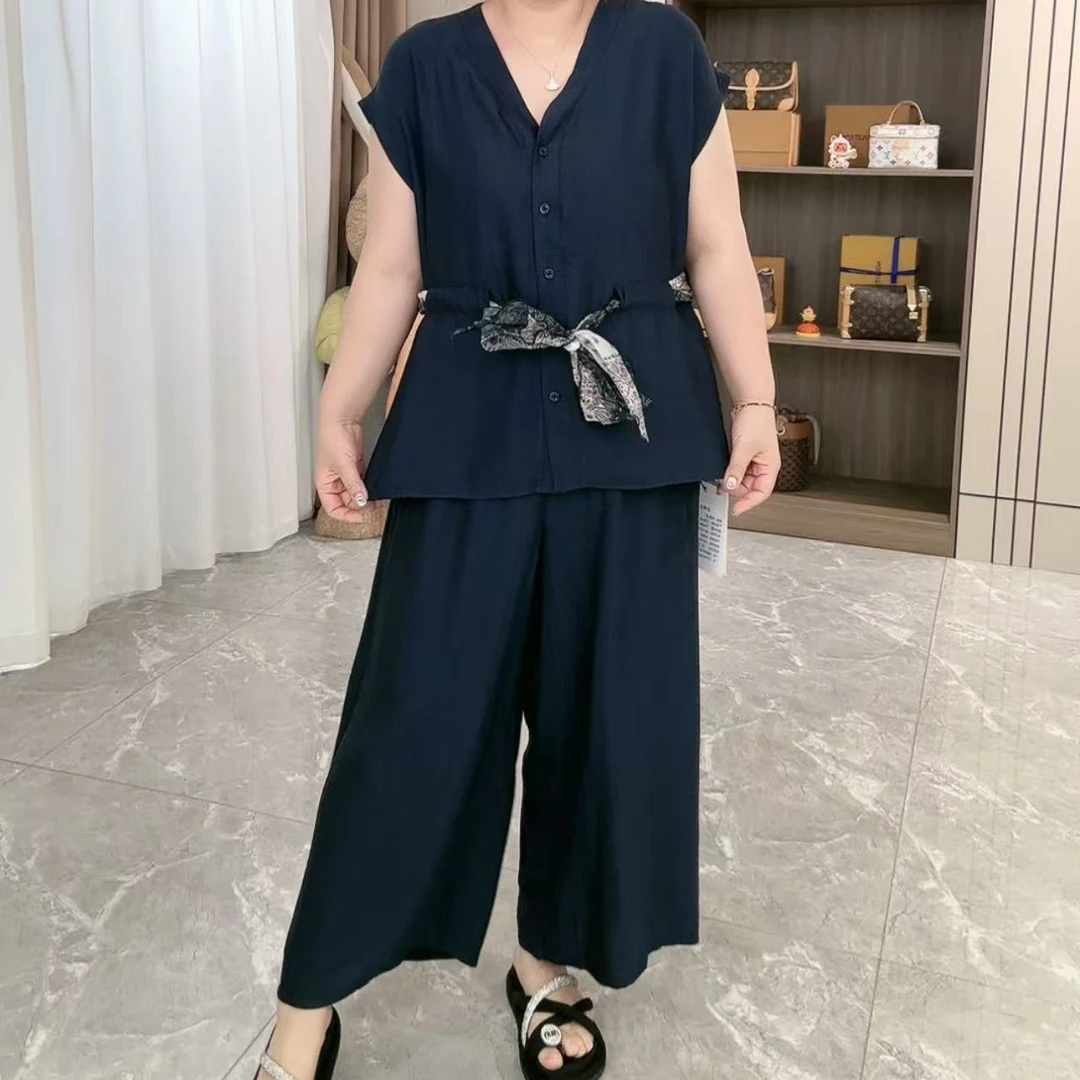 6653落肩无袖丝巾腰带套装（上衣+裤子）