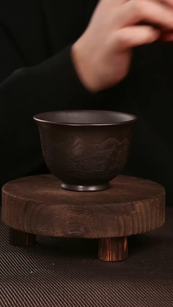 茶杯紫砂烟雨入江南紫砂手工刻绘主人杯200CC