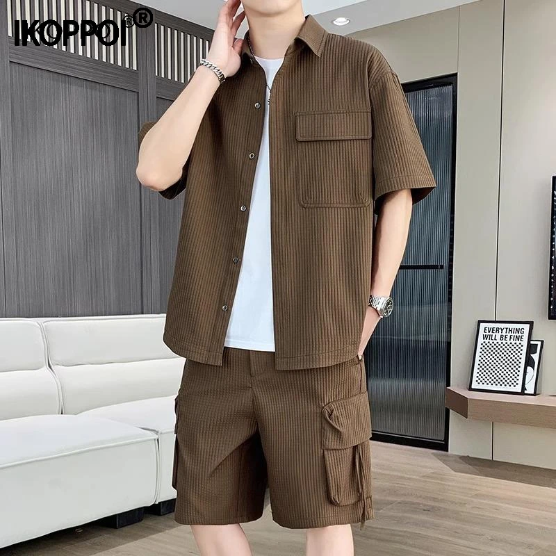 高端工装短袖衬衫男套装夏季短裤搭配成熟稳重男装休闲一整套衣服
