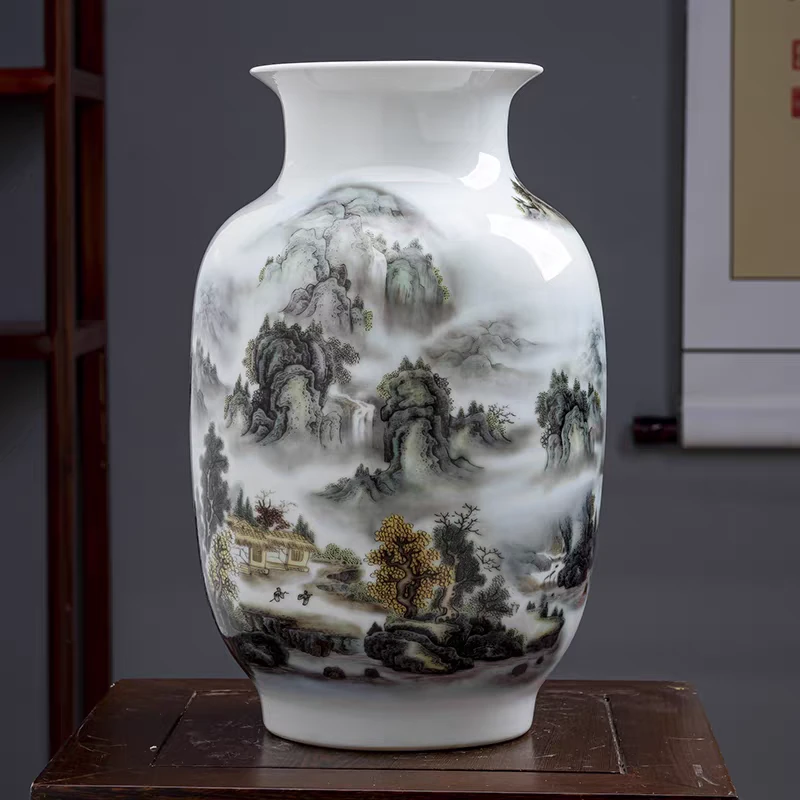 （高35cm）景德镇陶瓷釉上彩深谷幽隐山水花瓶电视柜书房办公室摆件