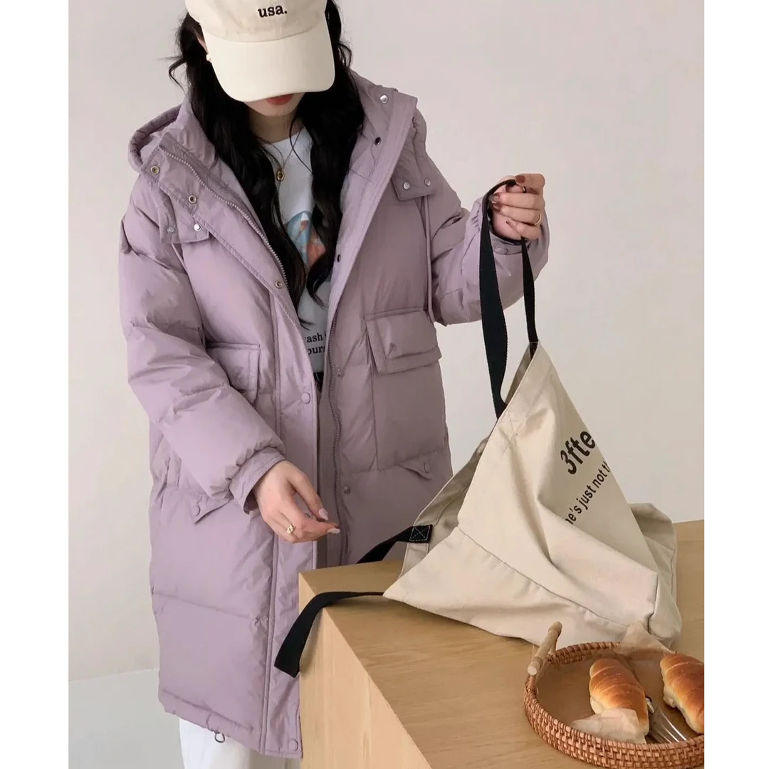 25年新款女中长款独特设计高级时尚连帽白鸭绒羽绒服外套