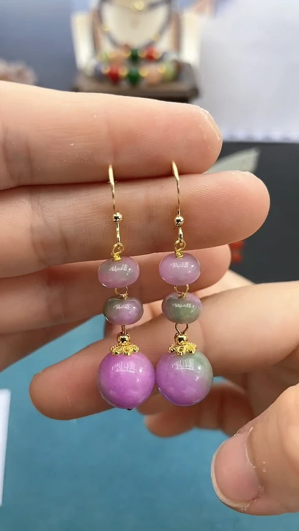 翡翠14K金镶嵌耳饰春彩三珠