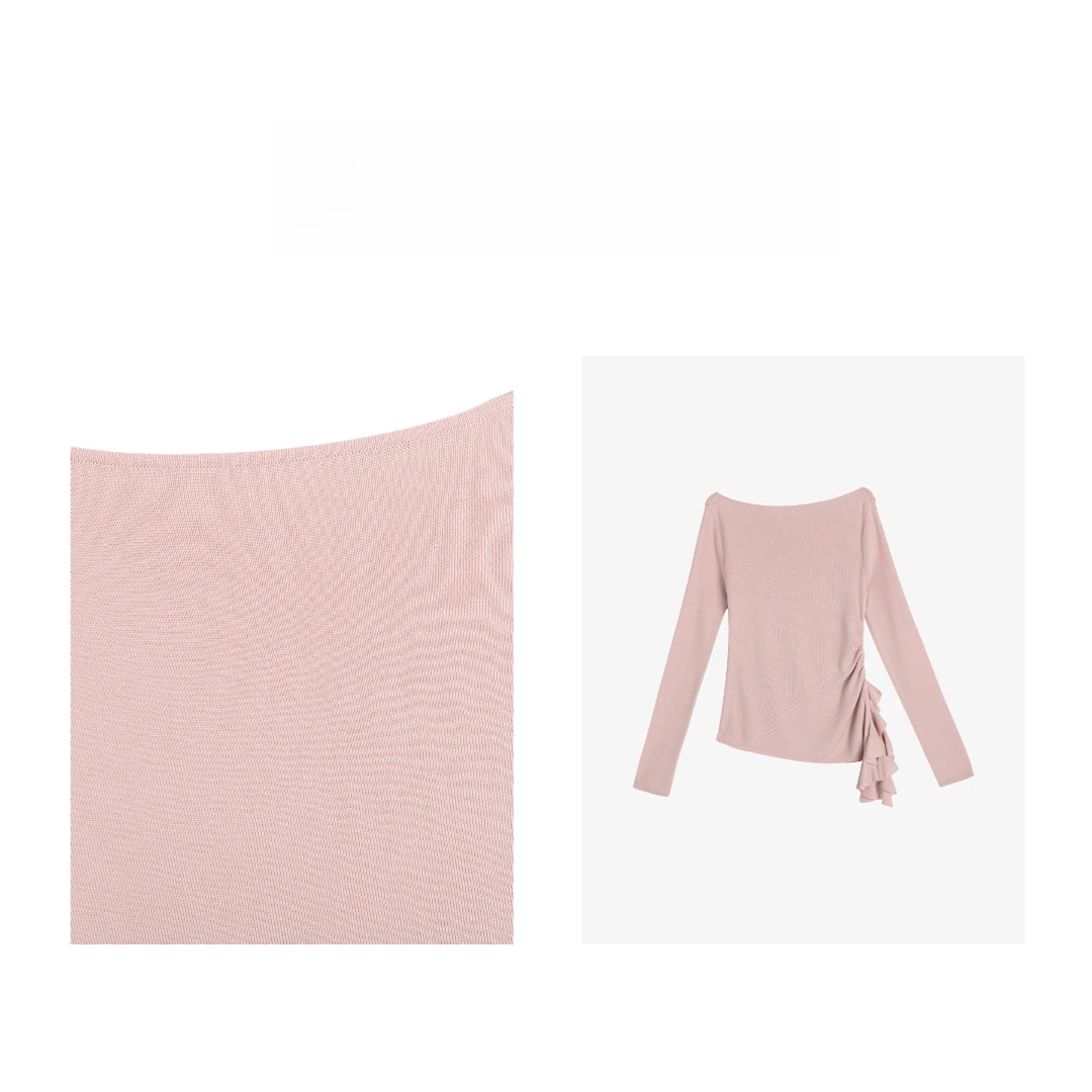 2025年新款显瘦改良版一字领侧边荷叶边抽皱开叉长袖针织衫H6-42