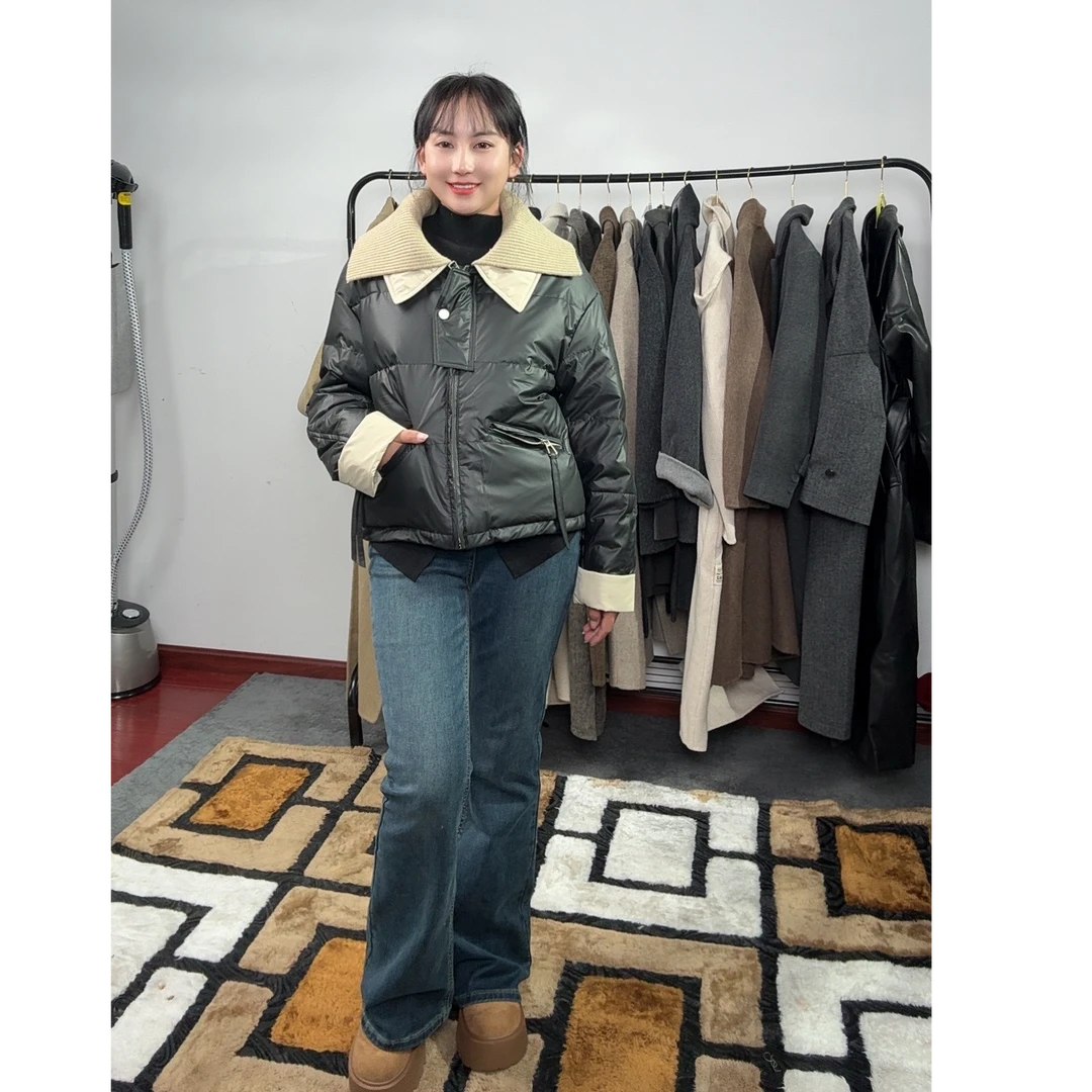 2025冬季新款韩系针织翻领短款羽绒服女免洗撞色休闲外套潮