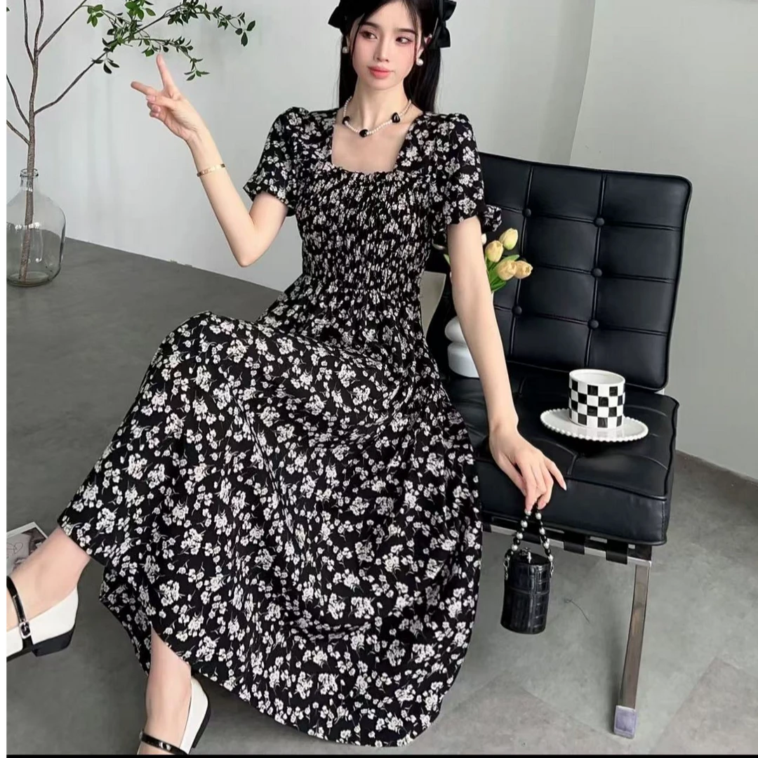 波点泡泡袖显瘦女装碎花法式气质中长款夜玫瑰法式连衣裙夏季