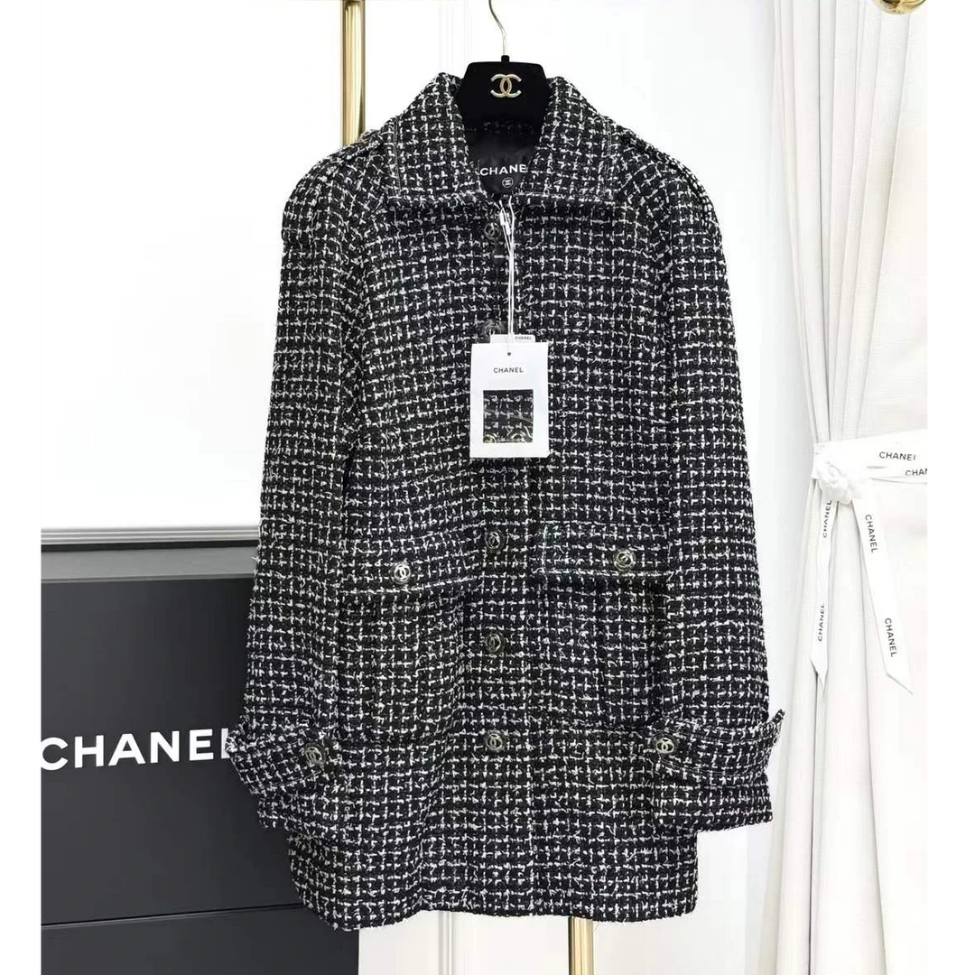 99新 Chanel/香奈儿 34码20P春夏预告黑色细格粗花呢编织廓形外套