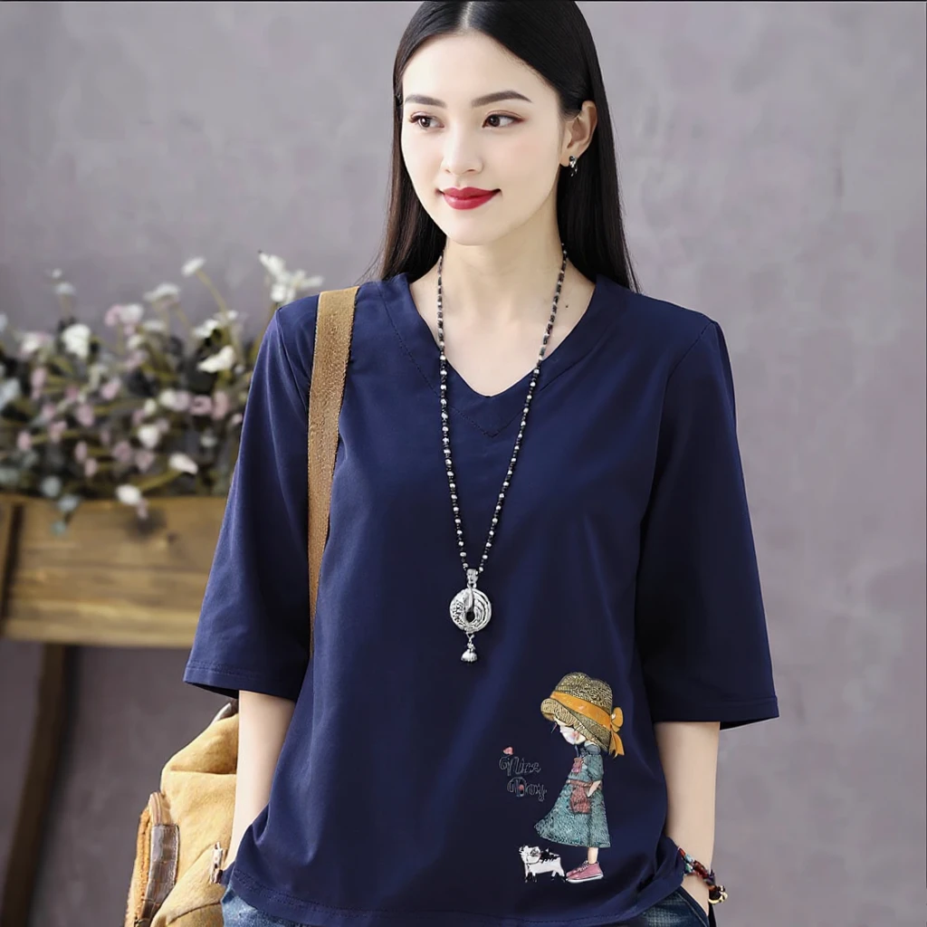 外贸出口纯棉七分袖t恤女春夏V领下摆开叉遮肚减龄外穿大码上衣