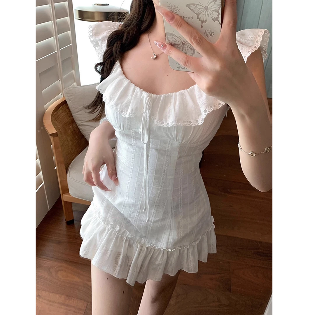 【清纯小白花】初恋白月光夏季荷叶边小飞袖绝美连衣裙女夏白色裙子