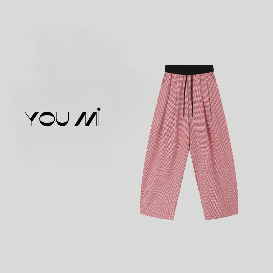 夏季新款休闲裤女时尚肖总潮流透气拼色腰头百搭格纹休闲裤女1093