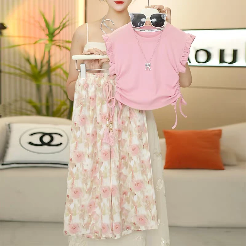 女童夏季套装2025新款儿童时尚洋气短袖女孩百搭碎花裤子两件套潮