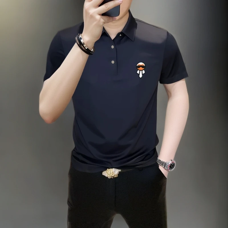 夏季薄款高端时尚刺绣男士短袖Polo衫冰丝弹力免烫修身男装潮T恤