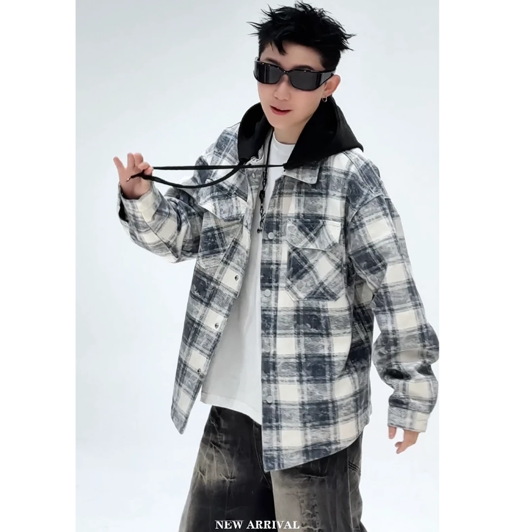 冬季加绒潮牌格子磨毛外套男高街痞帅宽松连帽可脱卸夹克82533