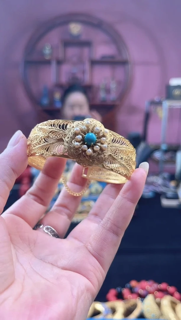 非遗 花丝镶嵌花卉手镯 蓝绿 淡白