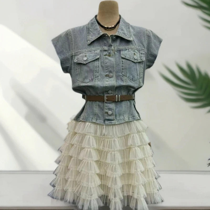 S8071韩版气质夏季新款短款式牛仔马甲无袖拼接款蓬蓬纱裙连衣裙