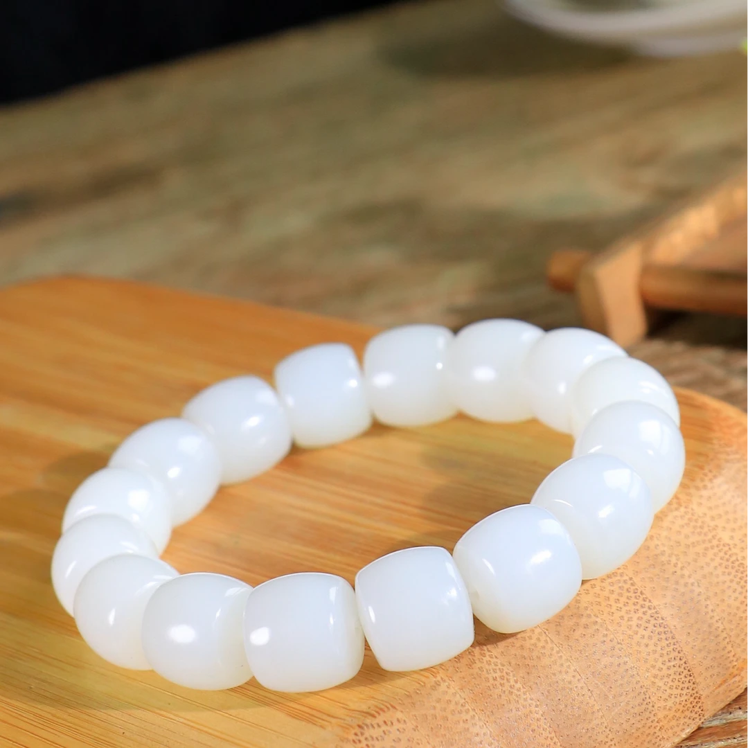 高品质温润和田玉手串羊脂玉白玉老型珠俄料12毫米直切温润珠串