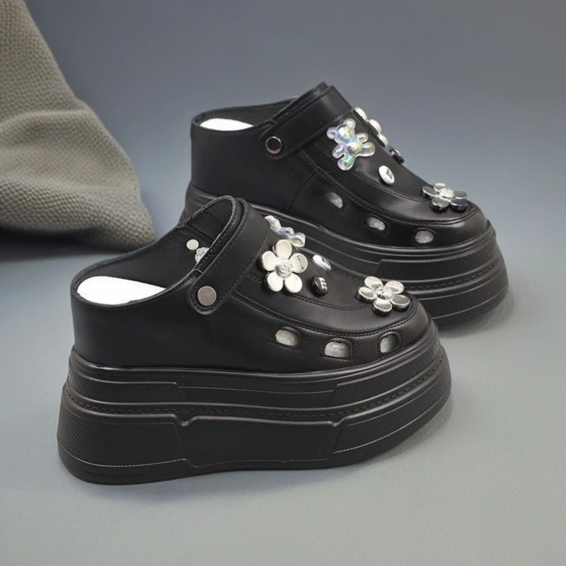 跟高12厘米夏季新款包头洞洞鞋小个子外穿一脚蹬半拖休闲懒人凉鞋