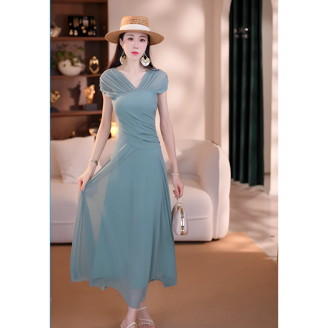 墨琅灰绿夏季女装大摆裙拼接纯色法式性感风连衣裙长款-YSJ53247