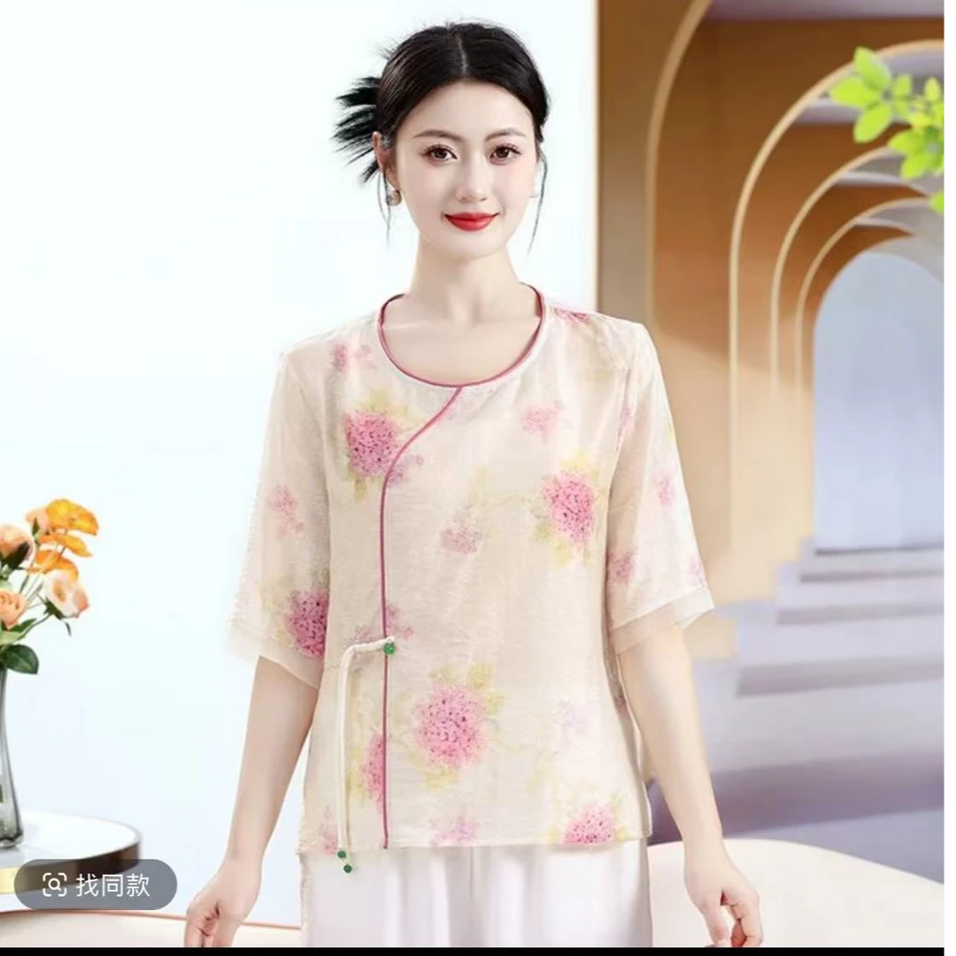 B019-七分袖时尚印花中袖洋气百搭夏季薄款国风短袖
