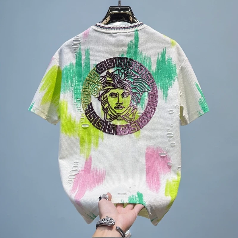 斯狄奈勒欧洲站高端刺绣破洞短袖t恤男夏季潮牌透气男士半袖上衣